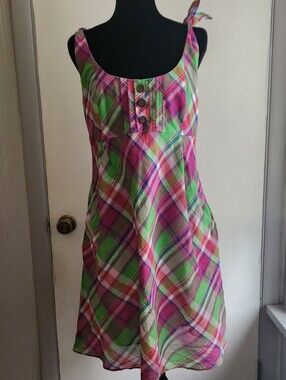 Lilly Pulitzer Pink Green Colorful Madras Plaid Tie Sleeve Dress Size 8